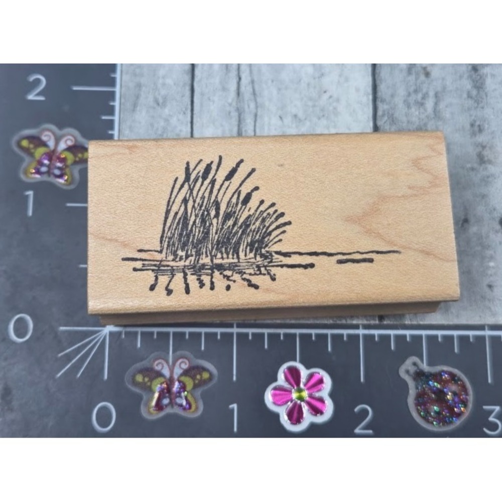 Double D Tall Grass Water Reeds Pond 1997 Rubber Stamp Wood #P115